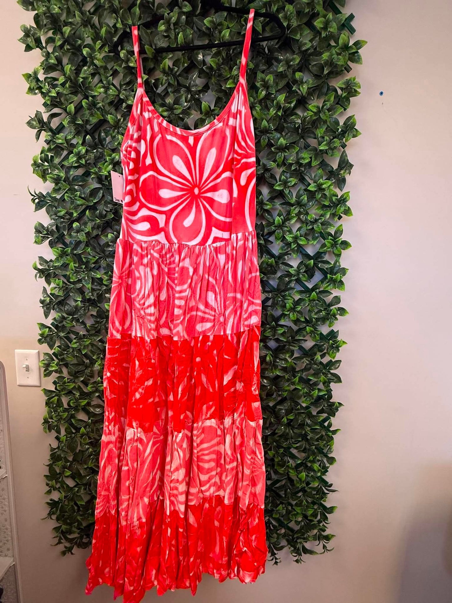 (Size 18) Island Breeze Layered Dress: Bright Pink, Hot Red & White Layered Tropical Print