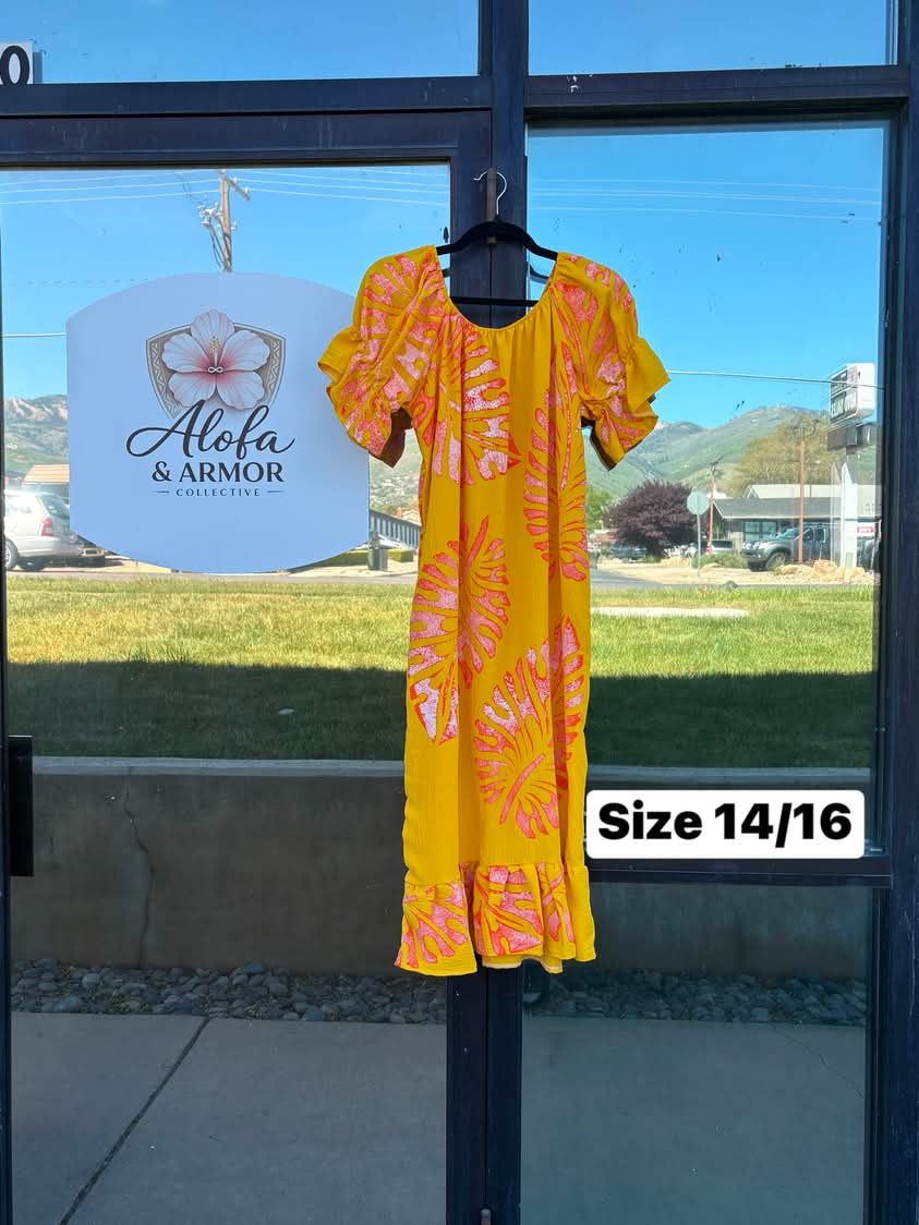 Size 14/16 - Island Flow Muumuu – Radiant Marigold Yellow & Coral Pink Monstera Leaf Print