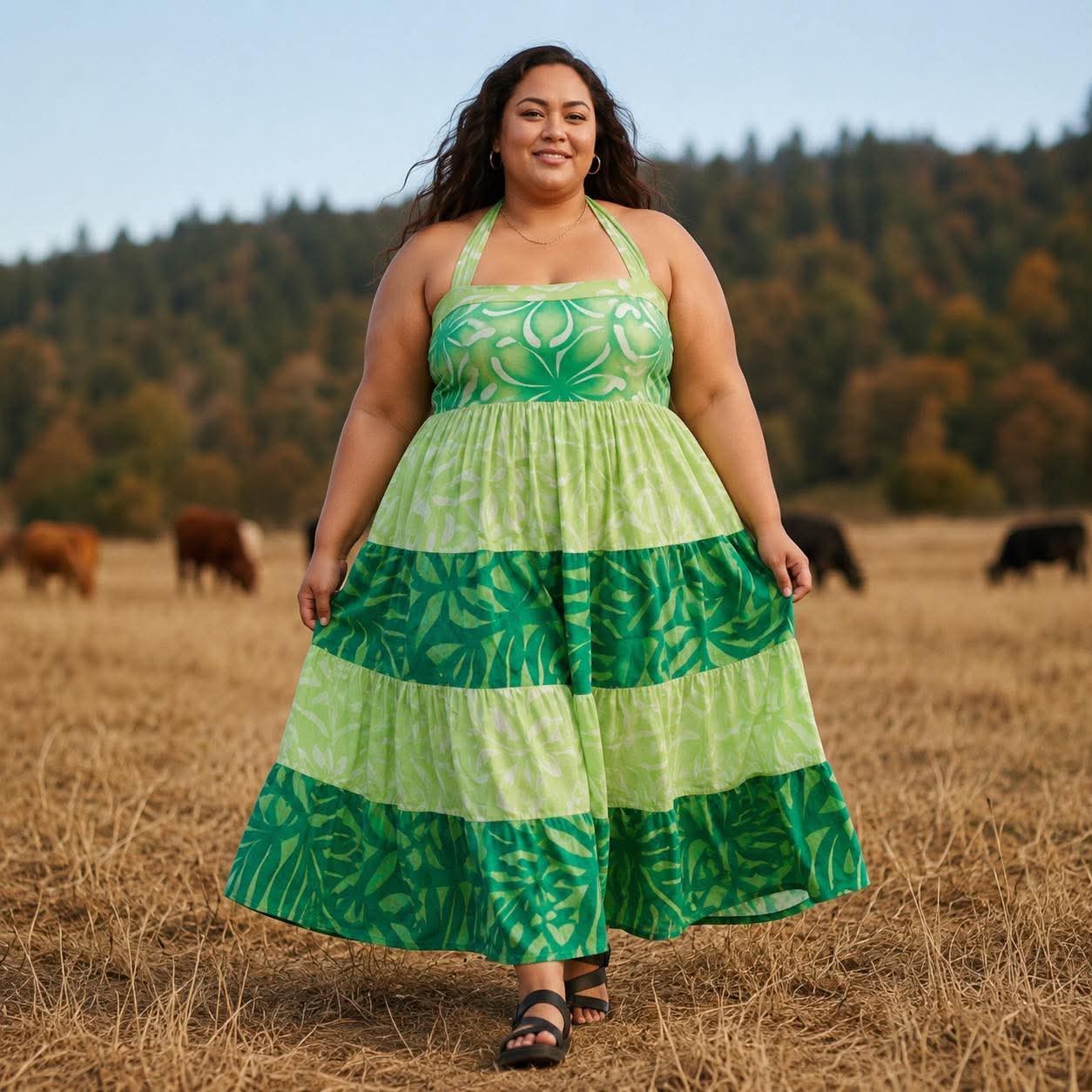 (Size 22) Alofa in Bloom Halter Dress: Lime Green, Forest Green & White Tiered Tropical Print