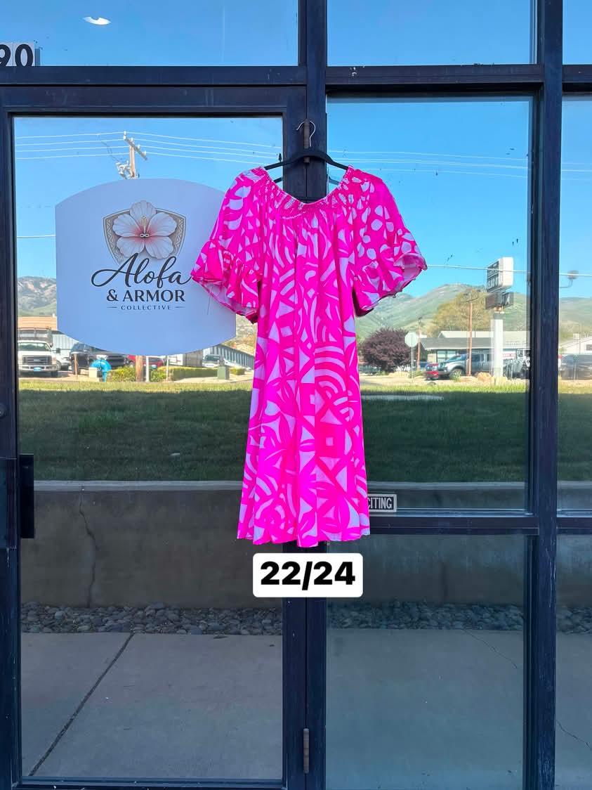 Alofa Lalelei Delia Gathered Dress – Hot Pink & Sky Blue with Ruffle Flared Sleeves (Size 22/24)
