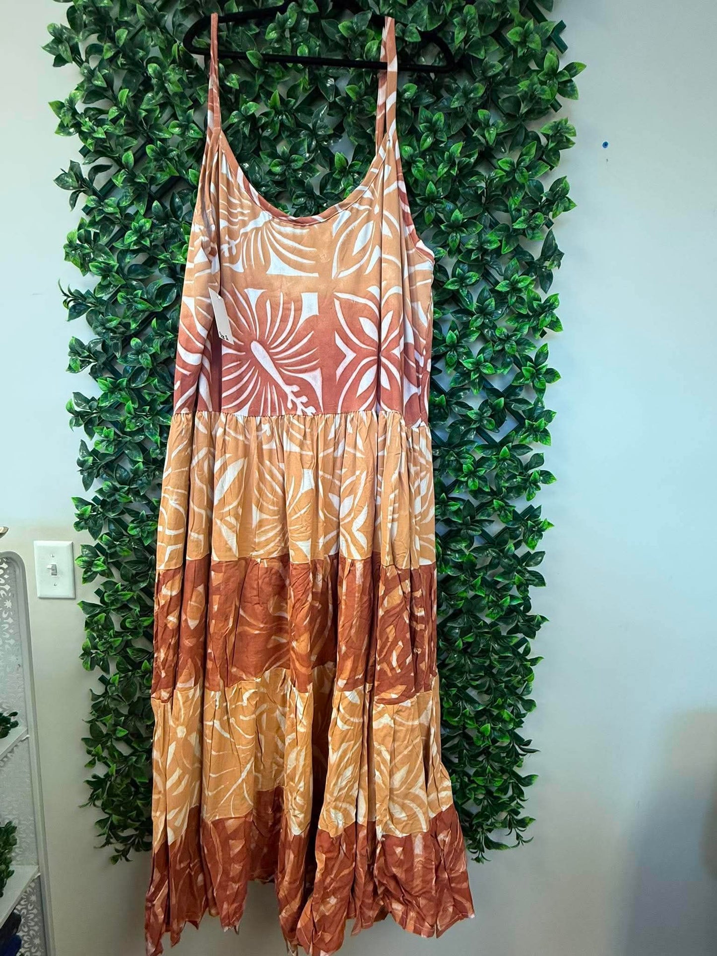 (Size 26) Island Breeze Layered Dress: Sand Beige, Deep Brown & Terracotta Layered Tropical Print