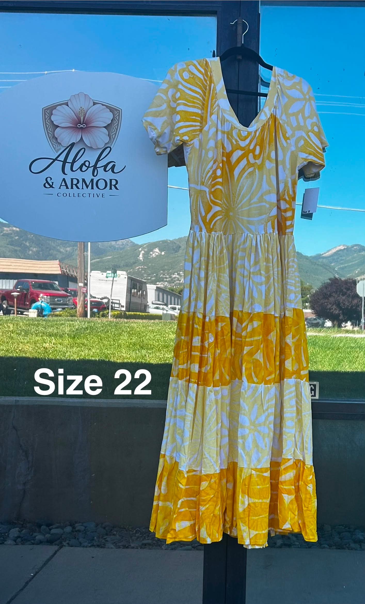 (Size 22) Lanu o le Alofa Dress: Yellow & Gold Tiered Tropical Print