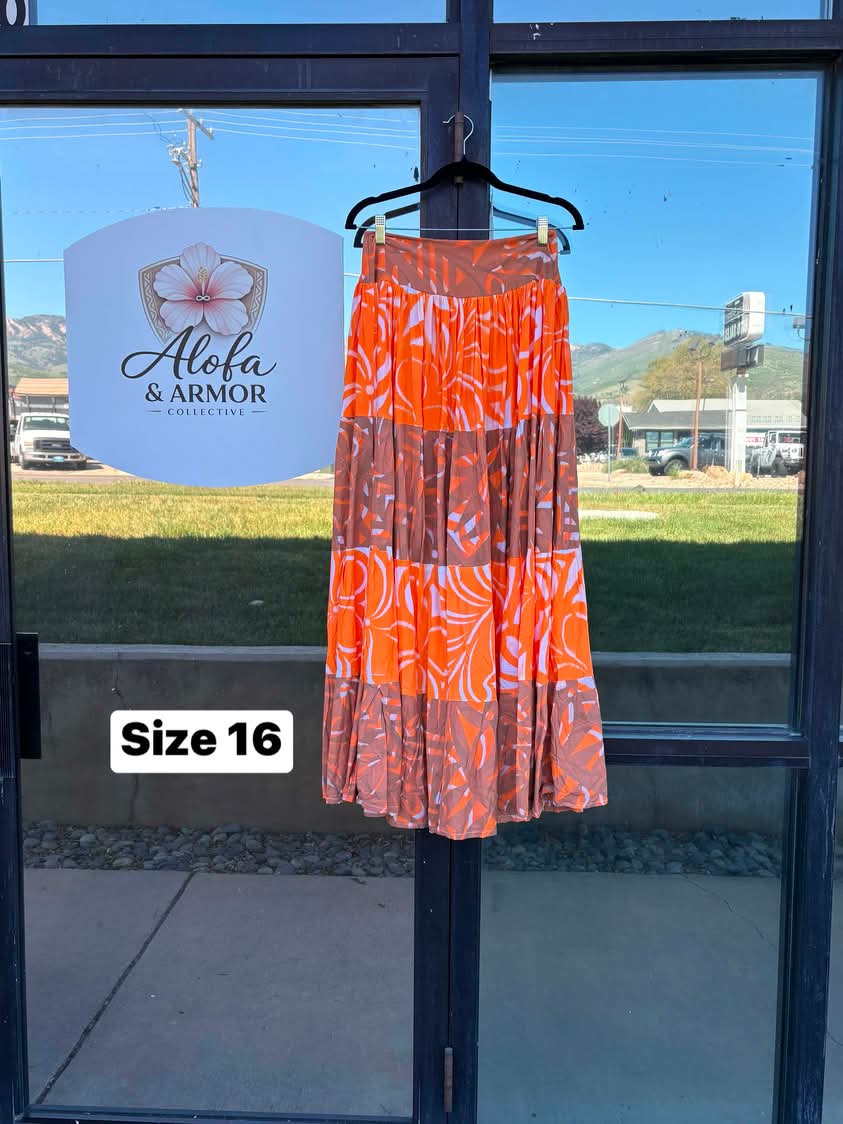 Galu Alofa "Wave Of Love" Tiered Maxi Skirt – Terracotta & Burnt Orange (Size 16)