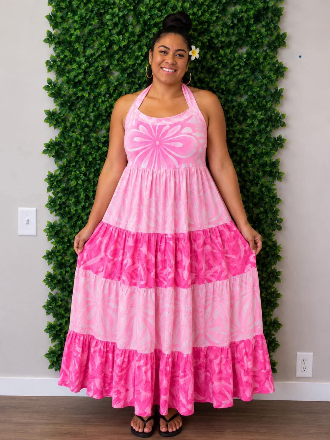 (Size 16) Alofa in Bloom Halter Dress: Hot Pink, Soft Pink & White Tiered Tropical Print