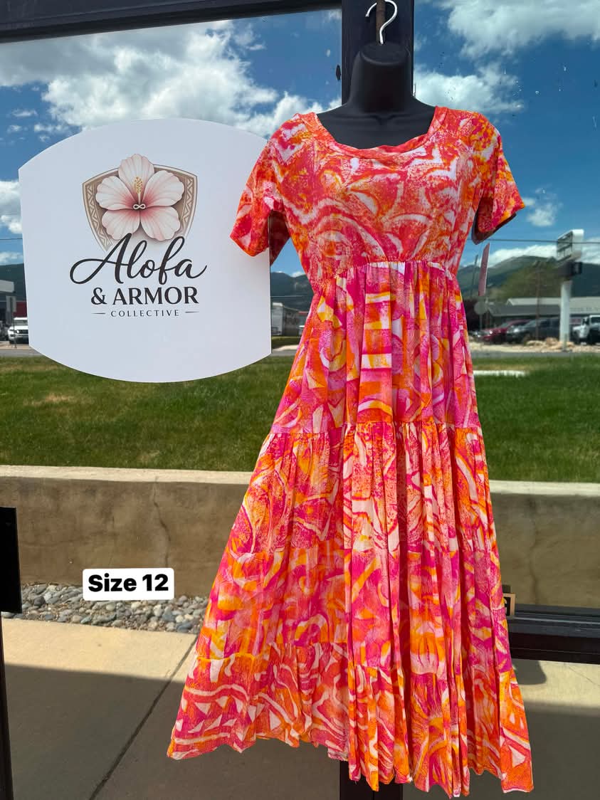 Size 12 - Island Bloom Tiered Maxi Dress – Orange, Pink, Yellow & White Tribal Print