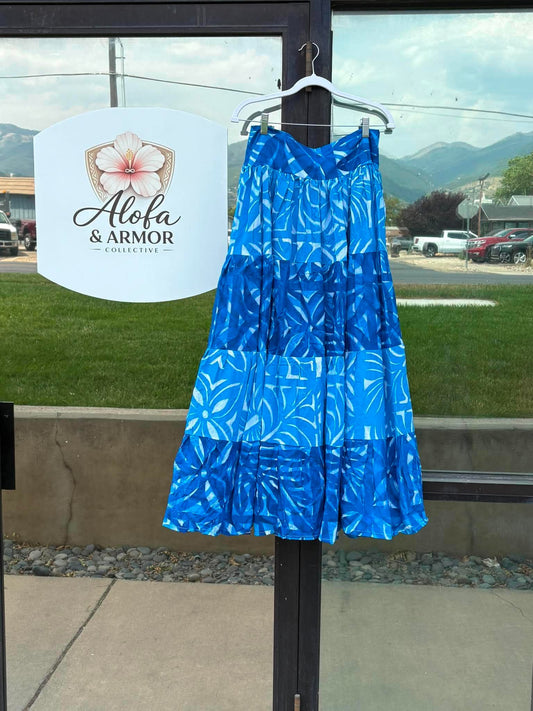 (Size 20) Galu Alofa "Wave Of Love" Tiered Maxi Skirt – Royal Blue, Sky Blue & White
