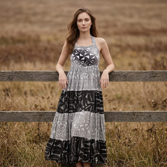 (Size 14) Alofa in Bloom Halter Dress: Black, Grey & White Tiered Tribal Tropical Print