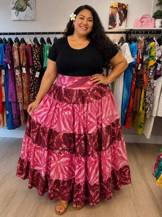 (Size 24) Galu Alofa "Wave Of Love" Tiered Maxi Skirt – Deep Wine, Bright Pink & White