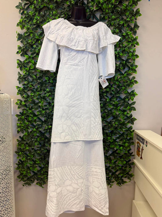 (Size 20) Pure Alofa White Puletasi Two-Piece Set: Ruffle Collar Scoop Neck Tunic & Floral Tribal Maxi Skirt