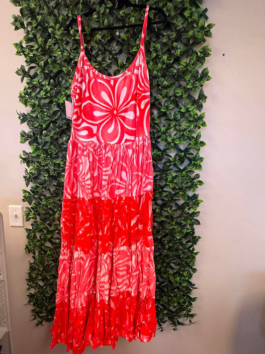 (Size 18) Island Breeze Layered Dress: Bright Pink, Hot Red & White Layered Tropical Print