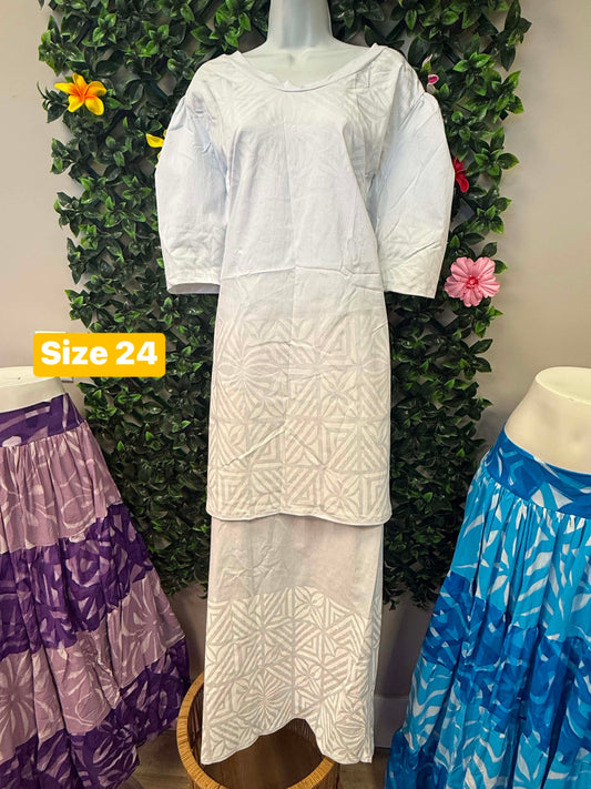 Pure Alofa White Puletasi Two-Piece Set: Round Neck Tunic & Maxi Skirt with 3/4 Puff Sleeves (Size 24)