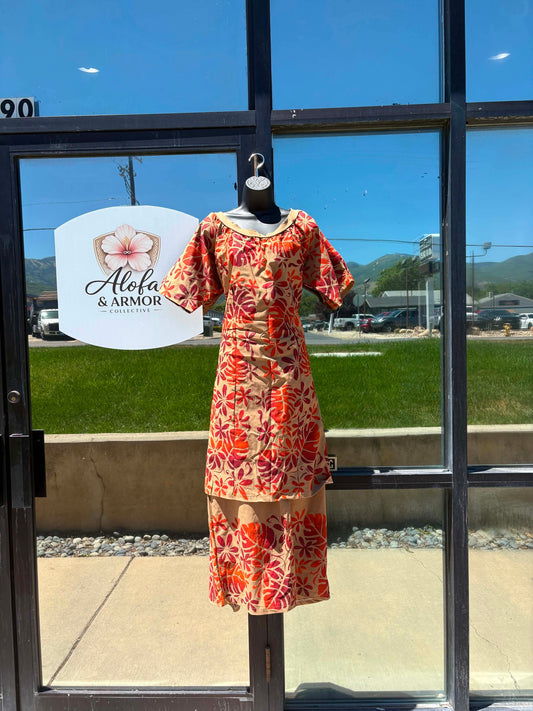(Size 20) Le Lalelei Puletasi: The Beauty Collection – Tan with Burgundy & Orange Accent