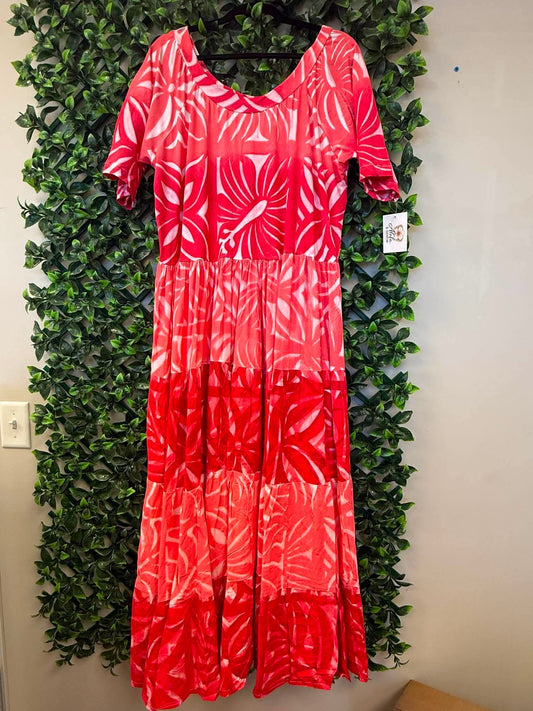 (Size 22) Lanu o le Alofa Dress: Red, Coral & White Tiered Tropical Print