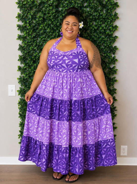 (Size 24) Alofa in Bloom Halter Dress: Royal Blue, Lavender & White Tiered Geometric Tropical Print