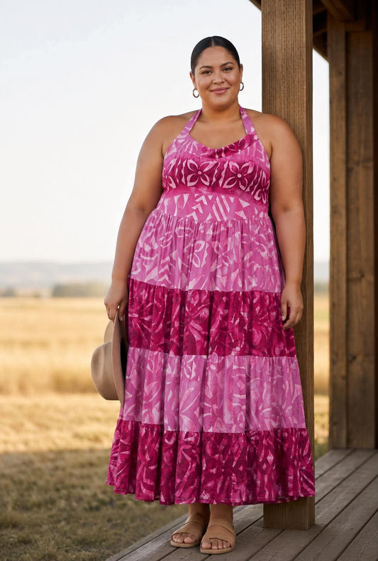 (Size 20) Alofa in Bloom Halter Dress: Hot Pink, Soft Pink & White Tiered Tribal Tropical Print