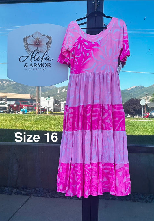 (Size 16) Lanu o le Alofa Dress: Pink & Magenta Tiered Tropical Floral
