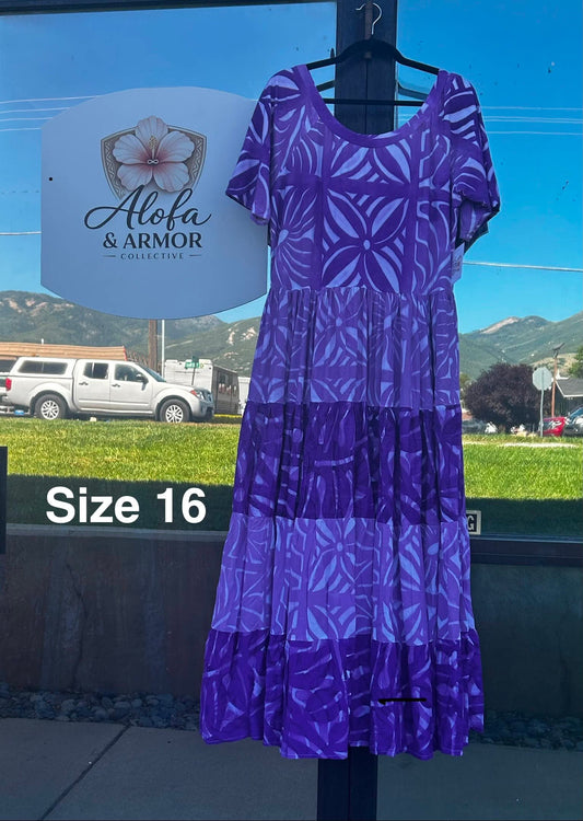 (Size 16) Lanu o le Alofa Dress: Royal Blue & Sky Blue Tiered Tropical Geometric