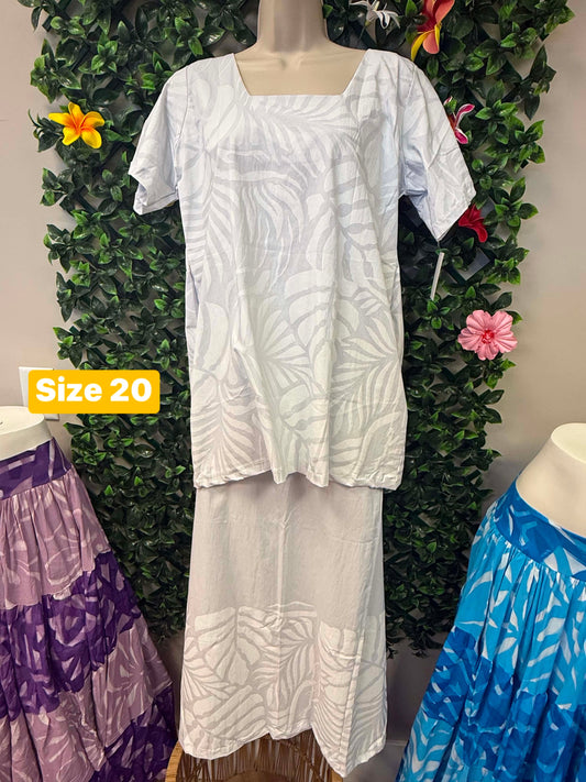 Pure Alofa White Puletasi Two-Piece Set: Square Neck Tunic & Maxi Skirt with Short Sleeves (Size 20)