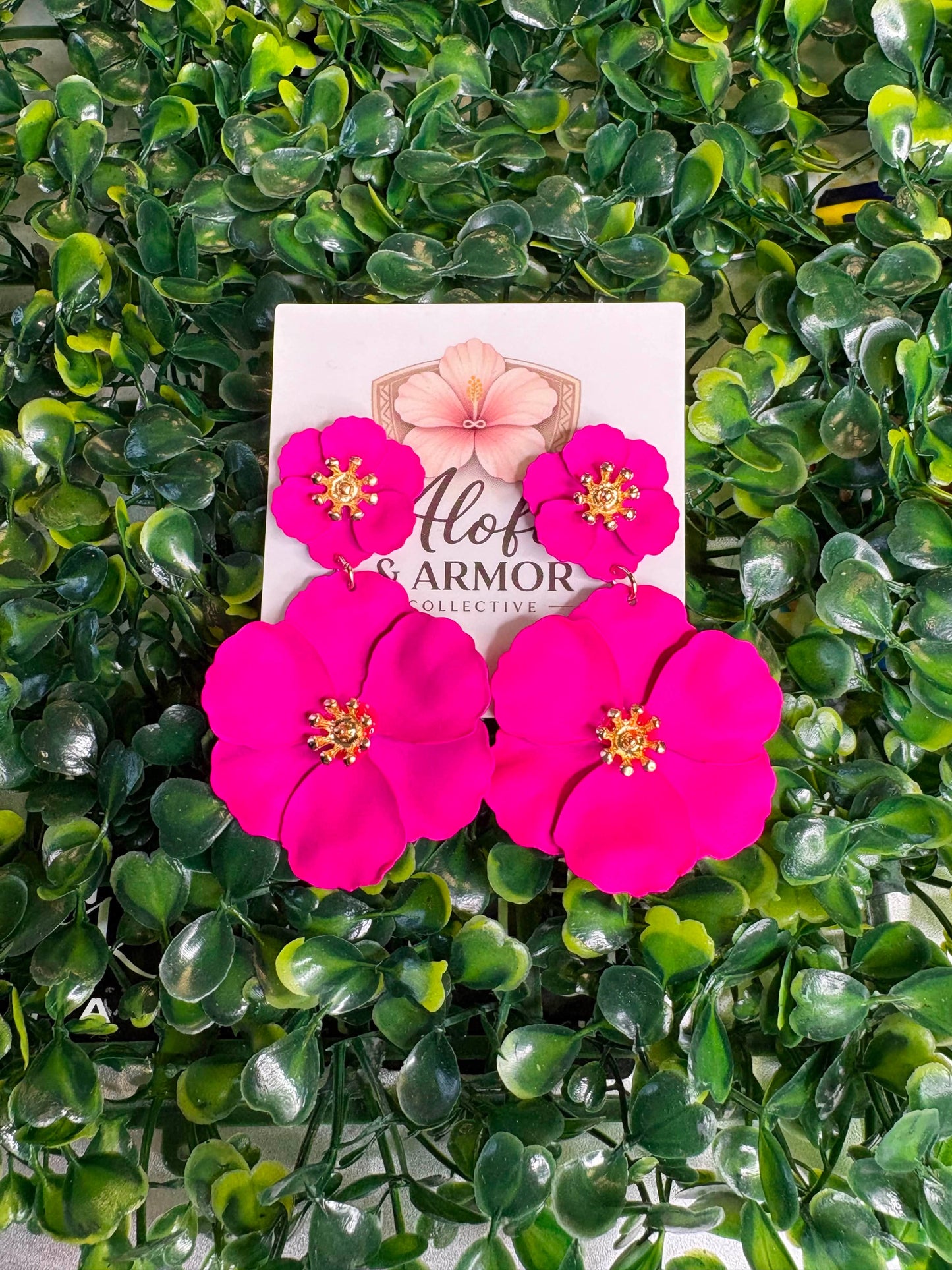 Tropical Luxe – Matte Neon Hot Pink Tiered Double Hibiscus Drop Earrings