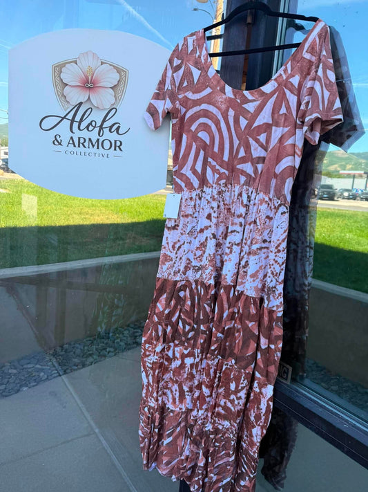 (Size 16) Island Bloom Tiered Maxi Dress – Chestnut Brown, Terracotta & White Tribal Print
