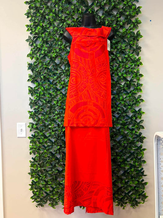 (Size 18) Le Lalalei Puletasi: The Beauty Collection – Red-on-Red Intricate Geometric Tribal Print