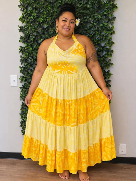 (Size 18) Alofa in Bloom Halter Dress: Bright Yellow, Sunshine & White Tiered Tropical Print