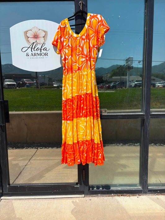 (Size 26) Island Bloom Tiered Maxi Dress – Orange, Yellow & White Organic Tribal Print