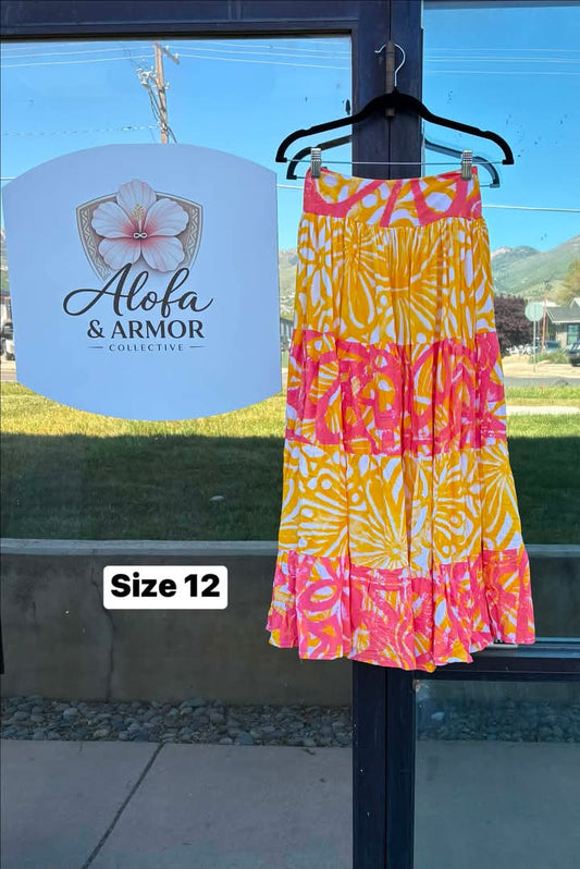 Galu Alofa "Wave Of Love" Tiered Maxi Skirt – Mango & Coral (Size 12)
