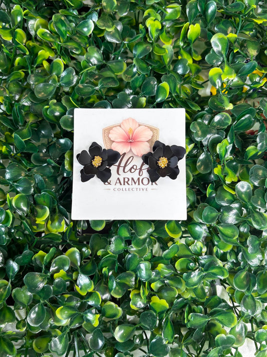 Tropical Luxe – Matte Onyx Black Gardenia Blossom Statement Stud Earrings