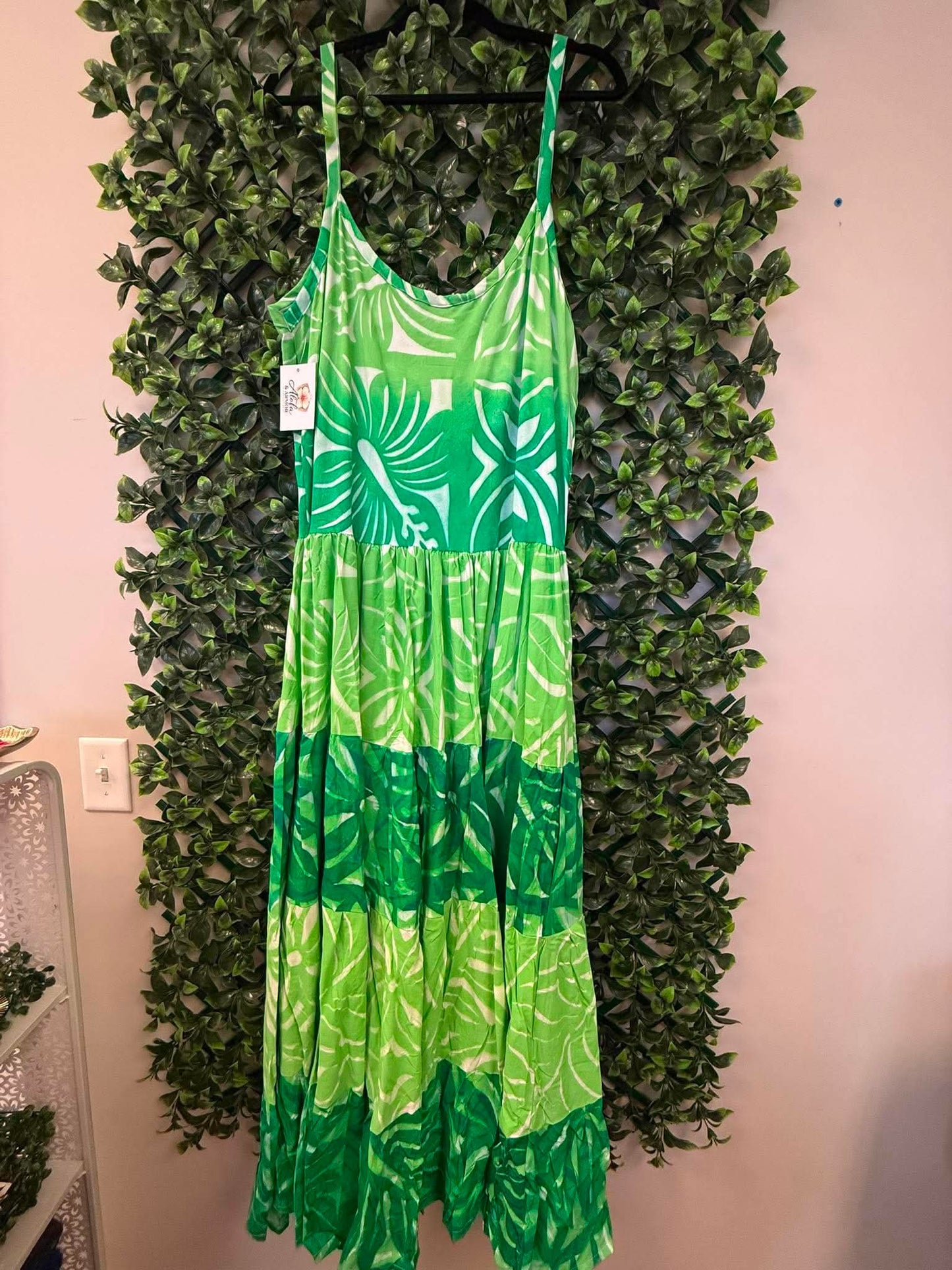 (Size 20) Island Breeze Layered Dress: Lime Green, Kelly Green & White Layered Tropical Print