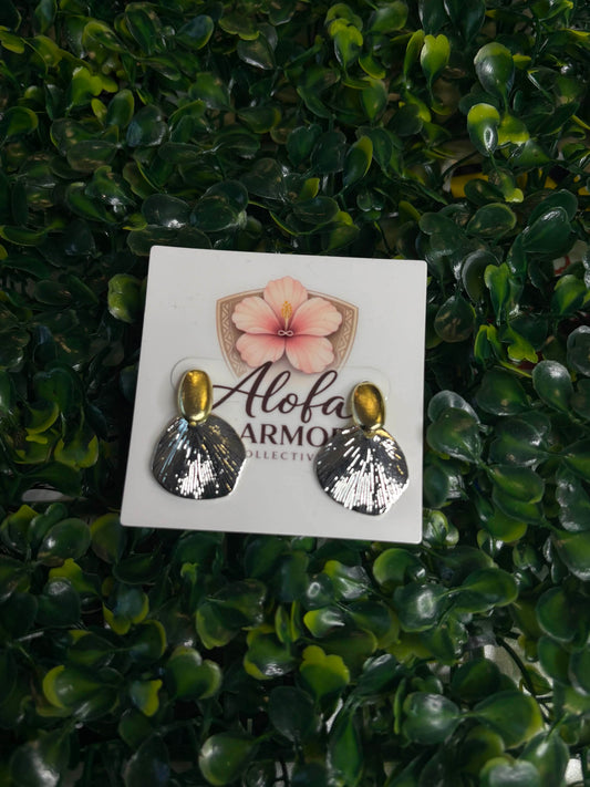 Tropical Luxe – Gold Oval Post & Textured Silver Fan Statement Drop Earrings