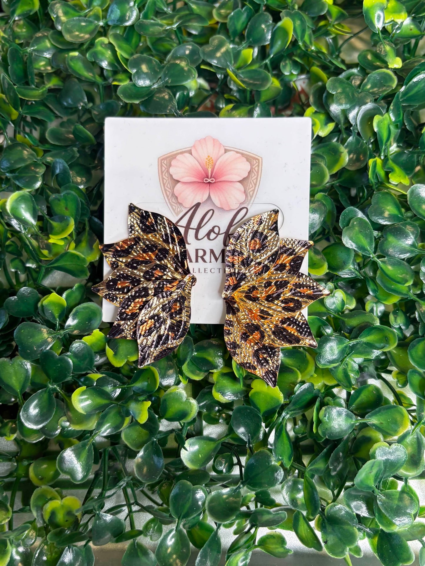 Tropical Luxe Copper & Black Metallic Leopard Print Wing Statement Drop Earrings
