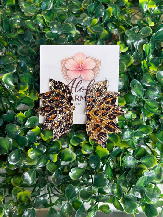 Tropical Luxe Copper & Black Metallic Leopard Print Wing Statement Drop Earrings