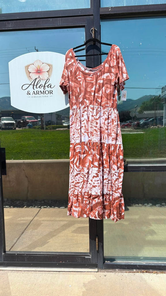 (Size 22) Island Bloom Tiered Maxi Dress – Terracotta & White Abstract Tribal Print