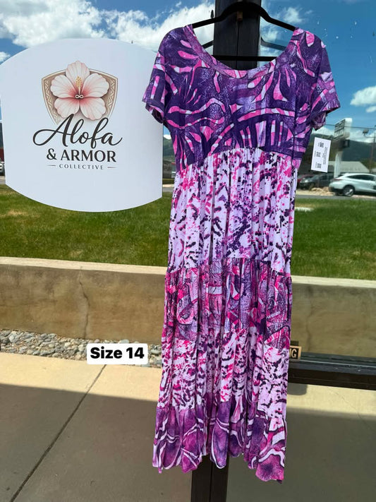 Size 14 - Island Bloom Tiered Maxi Dress – Dark Purple, Fuchsia Pink & White Tribal Print