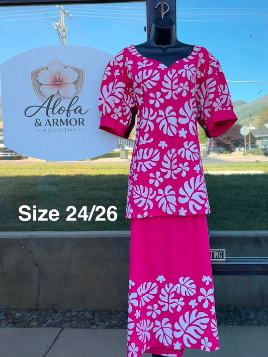 Le Lalei Puletasi: The Beauty Collection – Hot Pink & White (Size 24/26)
