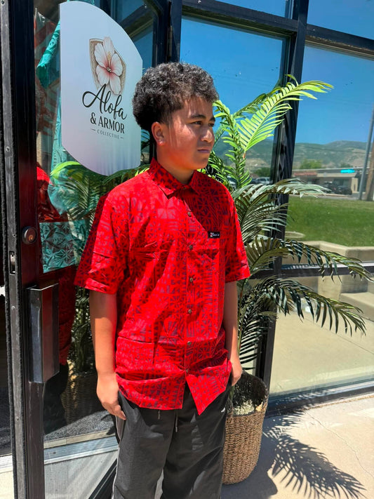 Le Ali’i Short Sleeve Button-Down Shirt – Crimson Red & Maroon Geometric Tribal Print