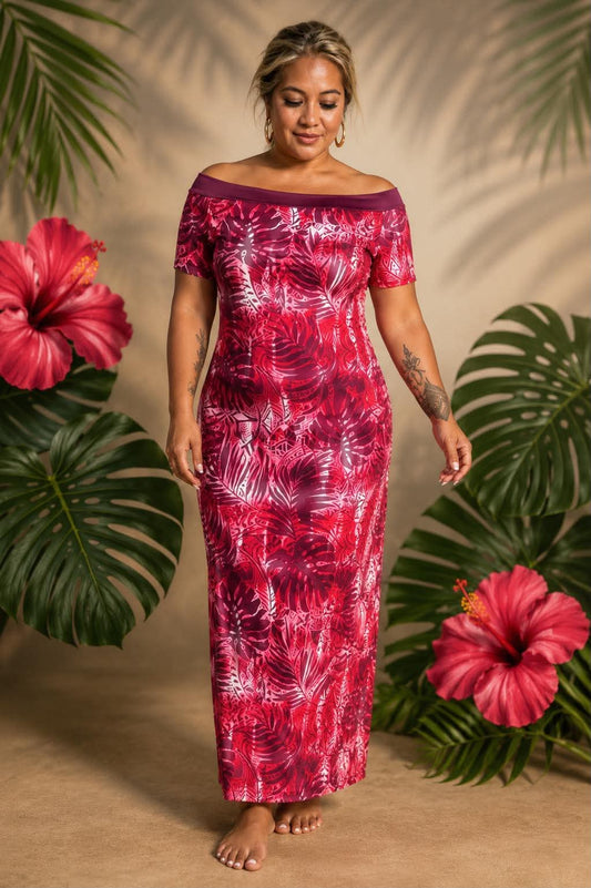 Tropical Grace Off-Shoulder Maxi Dress: Hibiscus Magenta, Plum & Blush Island Leaf Print