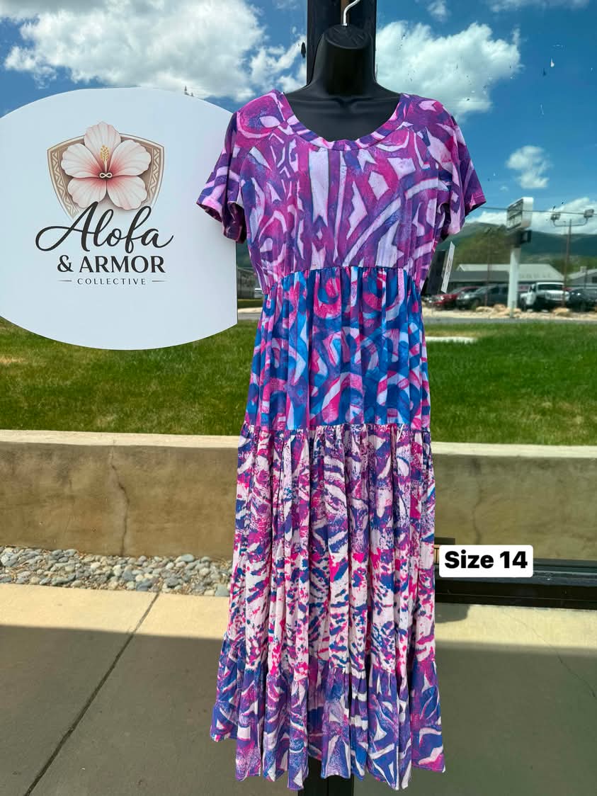 Size 14 - Island Bloom Tiered Maxi Dress – Purple, Blue, Fuchsia & White Tribal Print