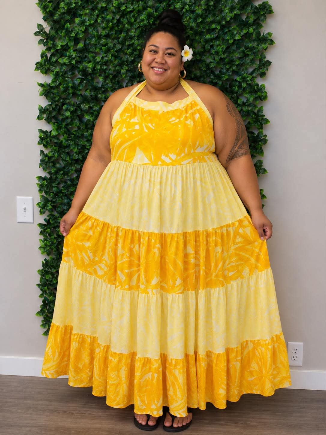 (Size 26) Alofa in Bloom Halter Dress: Bright Yellow, Sunshine & White Tiered Tropical Print