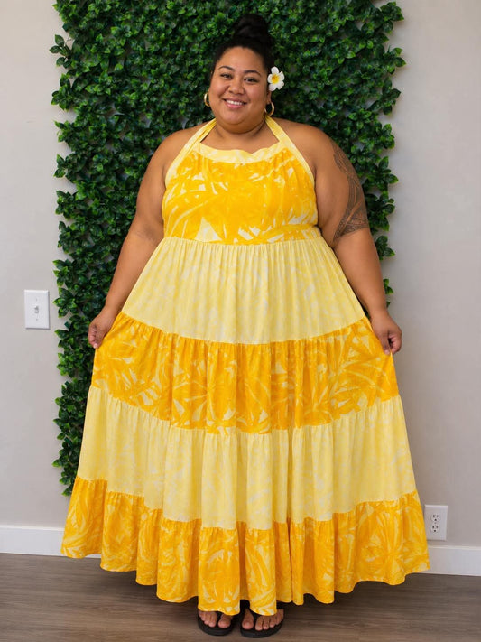 (Size 26) Alofa in Bloom Halter Dress: Bright Yellow, Sunshine & White Tiered Tropical Print