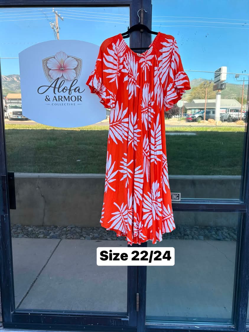 Alofa Lalelei Delia Gathered Dress – Orange & White Palm Frond Print with Ruffle Flared Sleeves (Size 22/24)