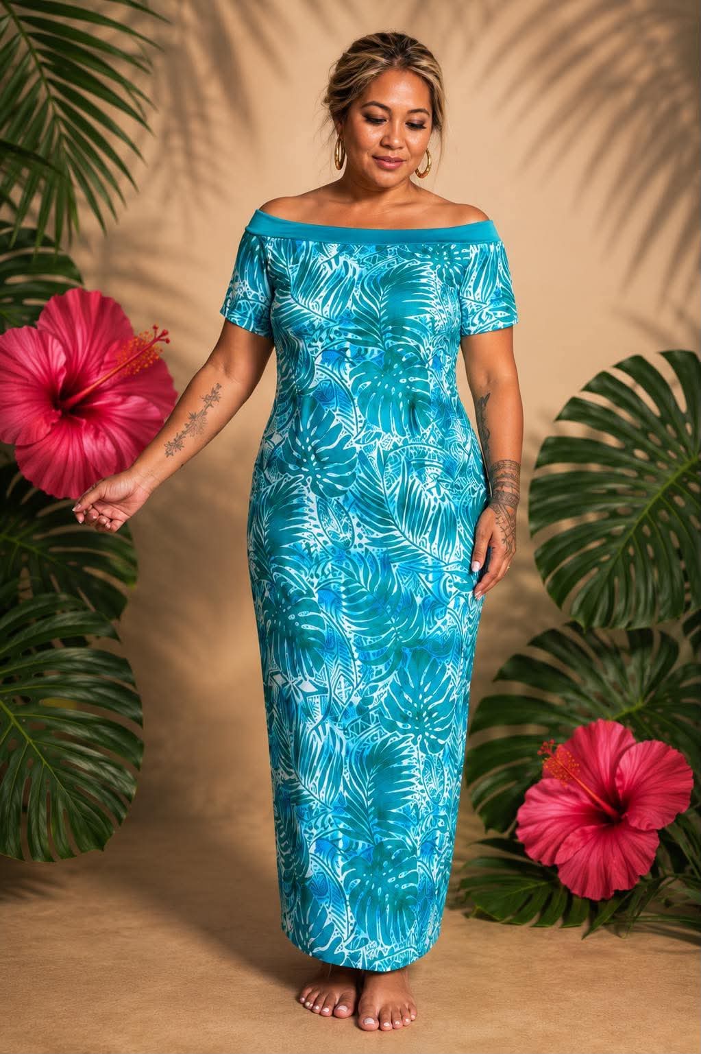 Tropical Grace Off-Shoulder Maxi Dress: Ocean Turquoise & Teal Island Leaf Print