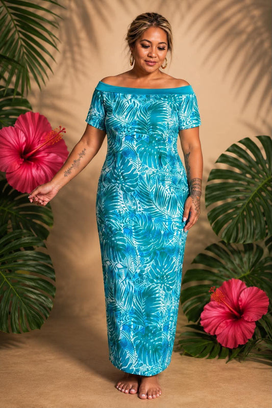 Tropical Grace Off-Shoulder Maxi Dress: Ocean Turquoise & Teal Island Leaf Print