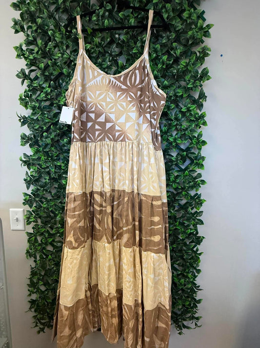 (Size 24) Island Breeze Layered Dress: Tan, Brown & White Layered Tropical Print