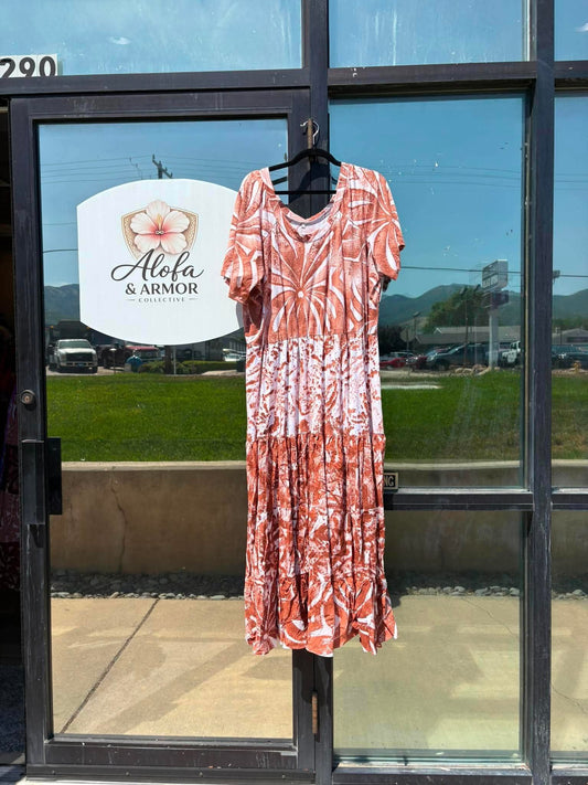(Size 24) Island Bloom Tiered Maxi Dress – Terracotta Rust & White Organic Tribal Print