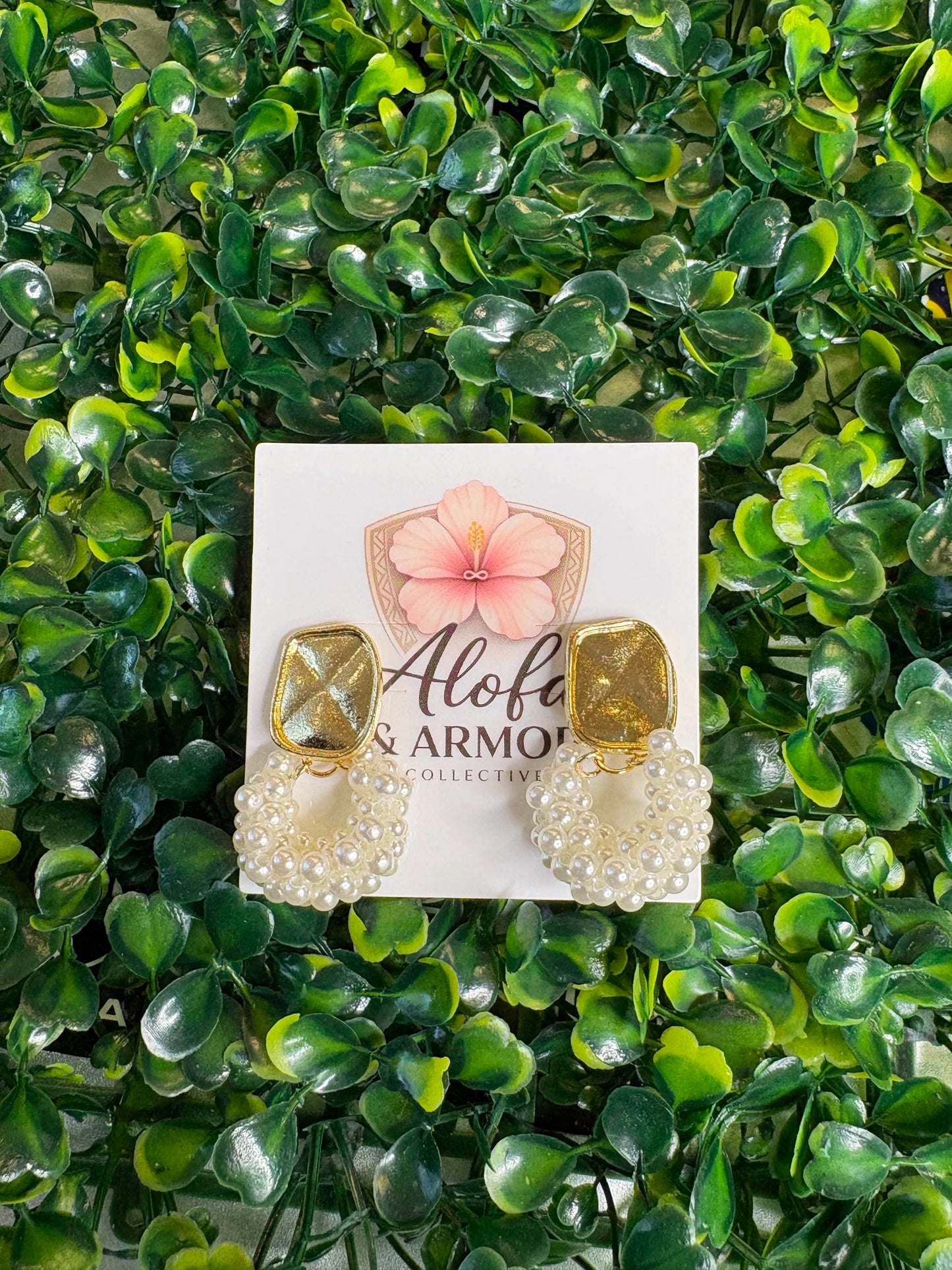 Tropical Luxe - Gold Textured Rectangular Post & Beaded White Faux Pearl Hoop Statement Drop Earrings