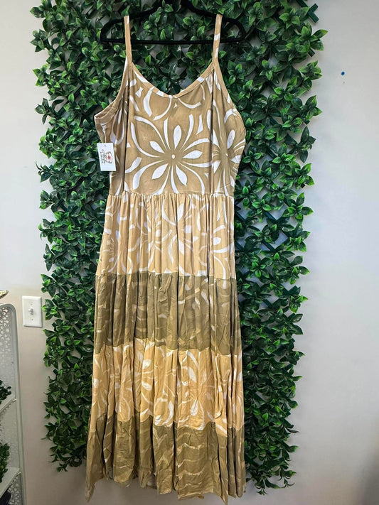 (Size 22) Island Breeze Layered Dress: Tan, Chocolate & White Layered Tropical Print