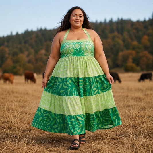 (Size 22) Alofa in Bloom Halter Dress: Lime Green, Forest Green & White Tiered Tropical Print