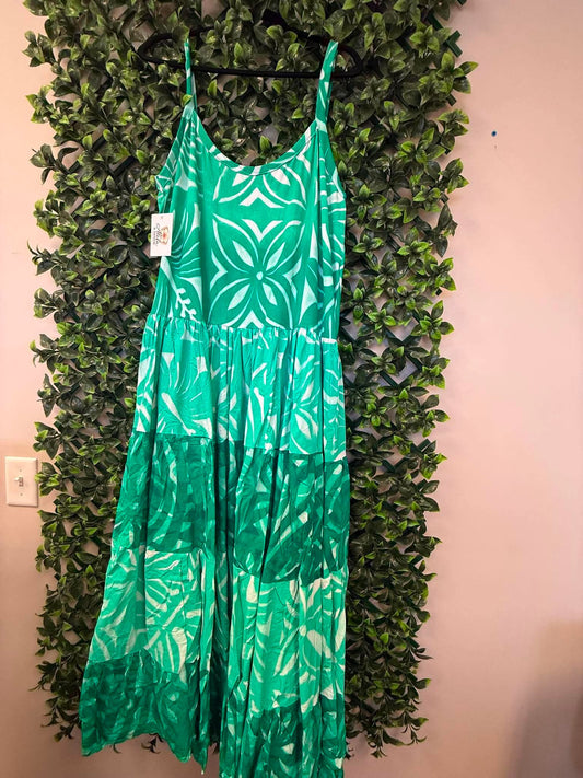 (Size 20) Island Breeze Layered Dress: Mint Green, Emerald Green & White Layered Tropical Print